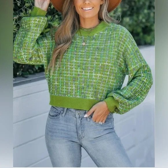 NEW Cupshe Rainbow Stitching Drop Sleeve Semi-cropped Sweater Size Small - Picture 3 of 11